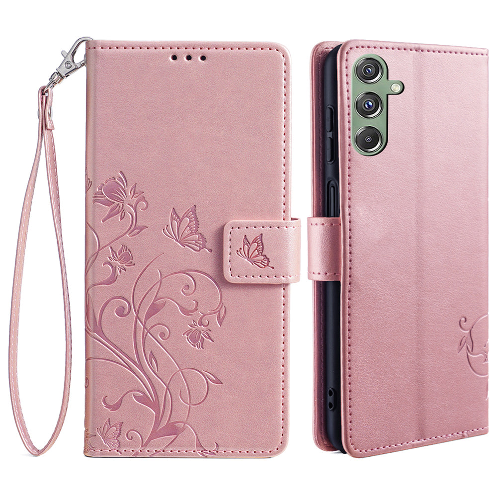 For Samsung Galaxy M34 5G / F34 5G Case PU Leather Card Slots Holder Pocket Butterfly Flower Phone Cover - Rose Gold