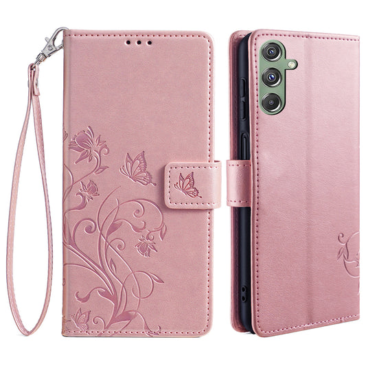 For Samsung Galaxy M34 5G / F34 5G Case PU Leather Card Slots Holder Pocket Butterfly Flower Phone Cover - Rose Gold