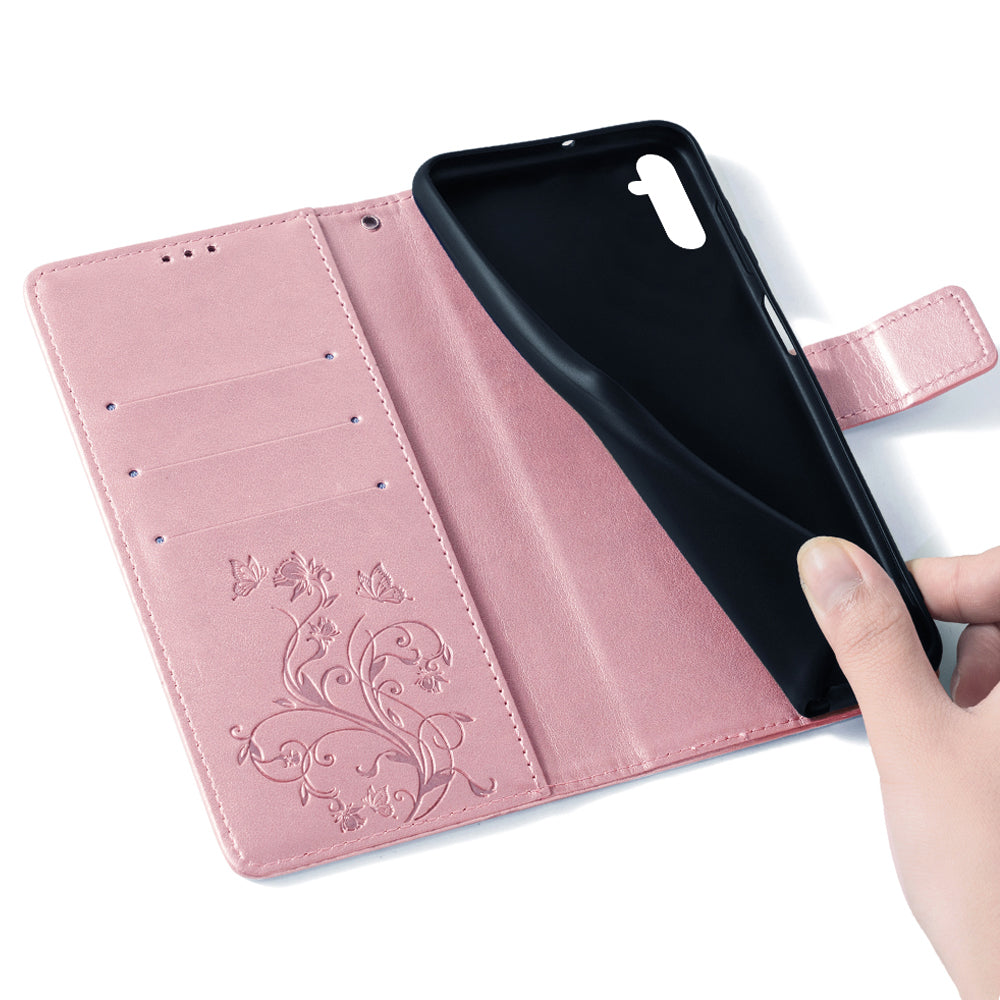 For Samsung Galaxy M34 5G / F34 5G Case PU Leather Card Slots Holder Pocket Butterfly Flower Phone Cover - Rose Gold
