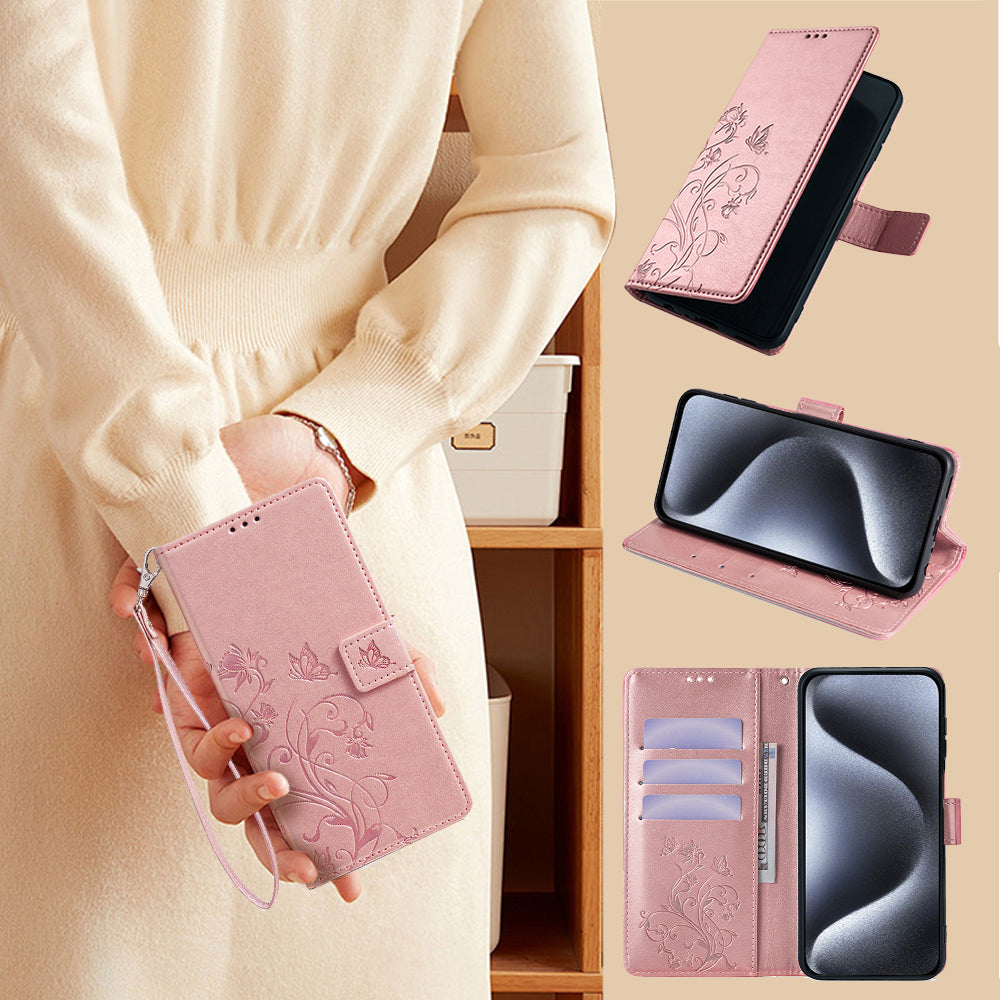 For Samsung Galaxy M34 5G / F34 5G Case PU Leather Card Slots Holder Pocket Butterfly Flower Phone Cover - Rose Gold