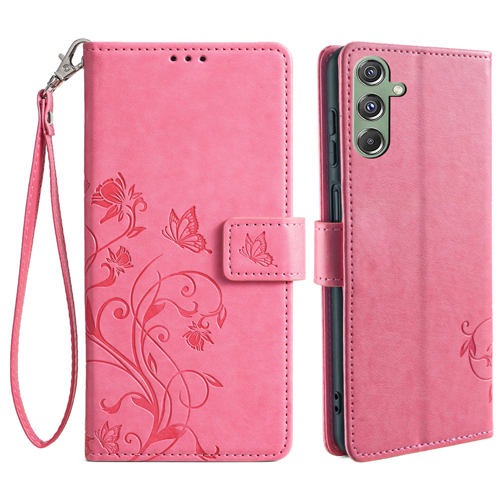 For Samsung Galaxy M34 5G / F34 5G Case PU Leather Card Slots Holder Pocket Butterfly Flower Phone Cover - Pink