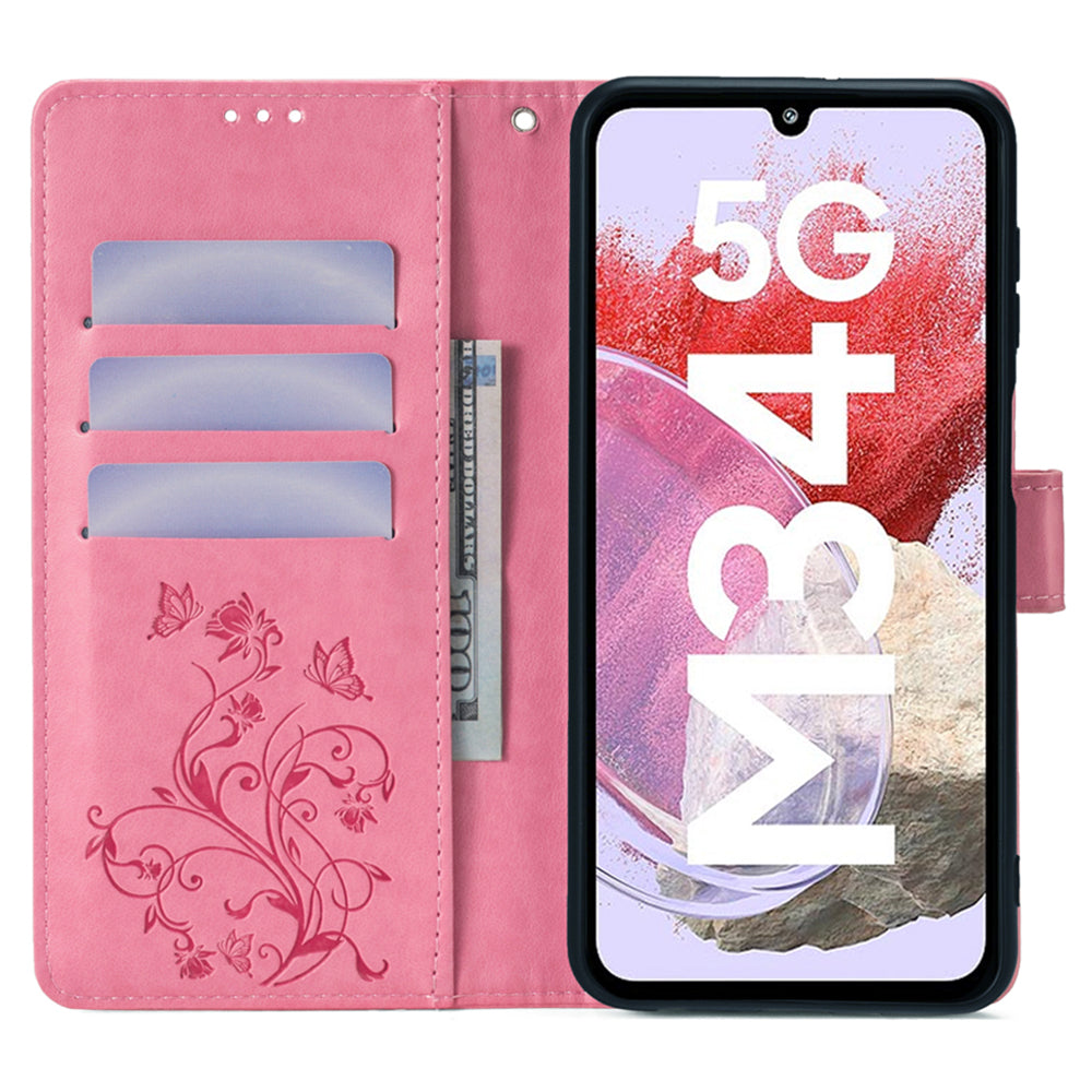 For Samsung Galaxy M34 5G / F34 5G Case PU Leather Card Slots Holder Pocket Butterfly Flower Phone Cover - Pink