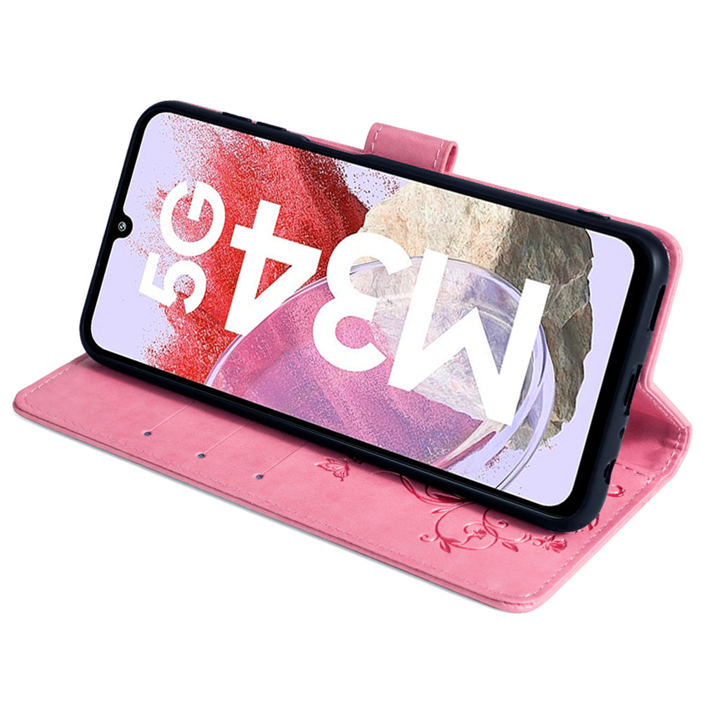 For Samsung Galaxy M34 5G / F34 5G Case PU Leather Card Slots Holder Pocket Butterfly Flower Phone Cover - Pink