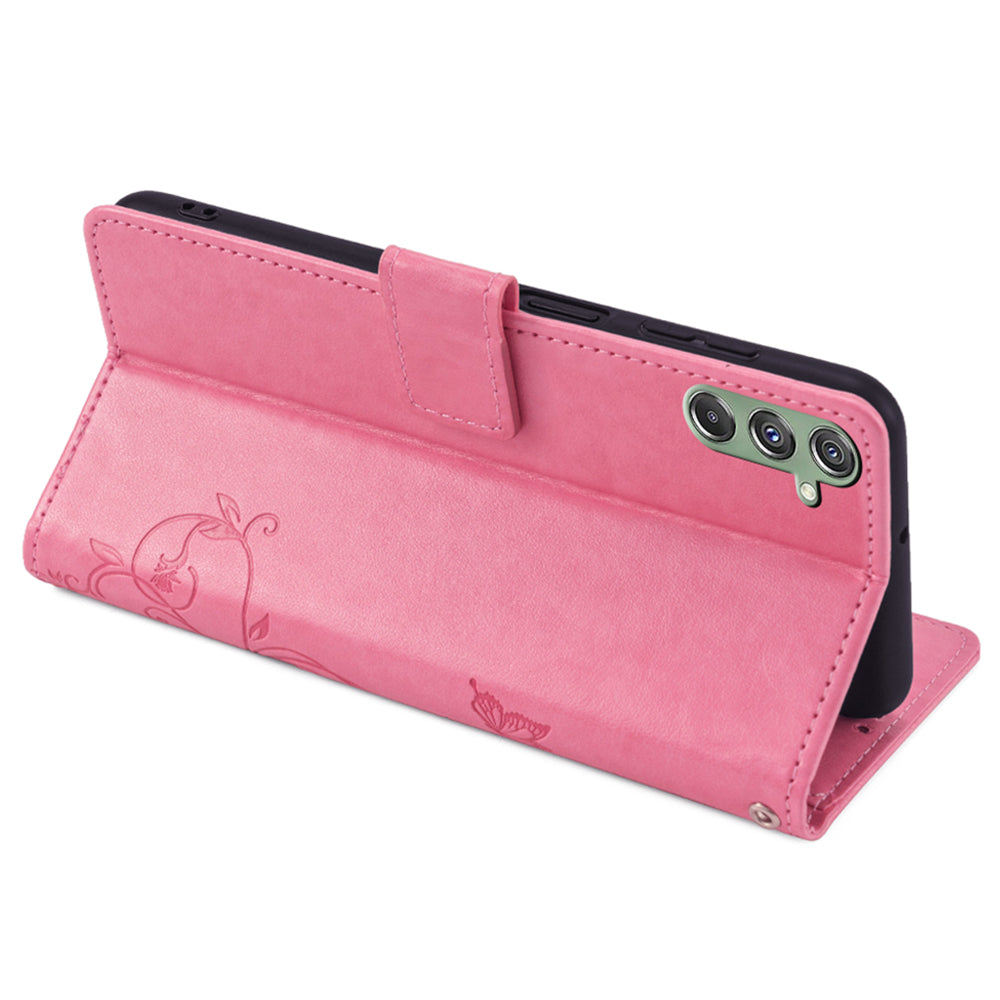 For Samsung Galaxy M34 5G / F34 5G Case PU Leather Card Slots Holder Pocket Butterfly Flower Phone Cover - Pink