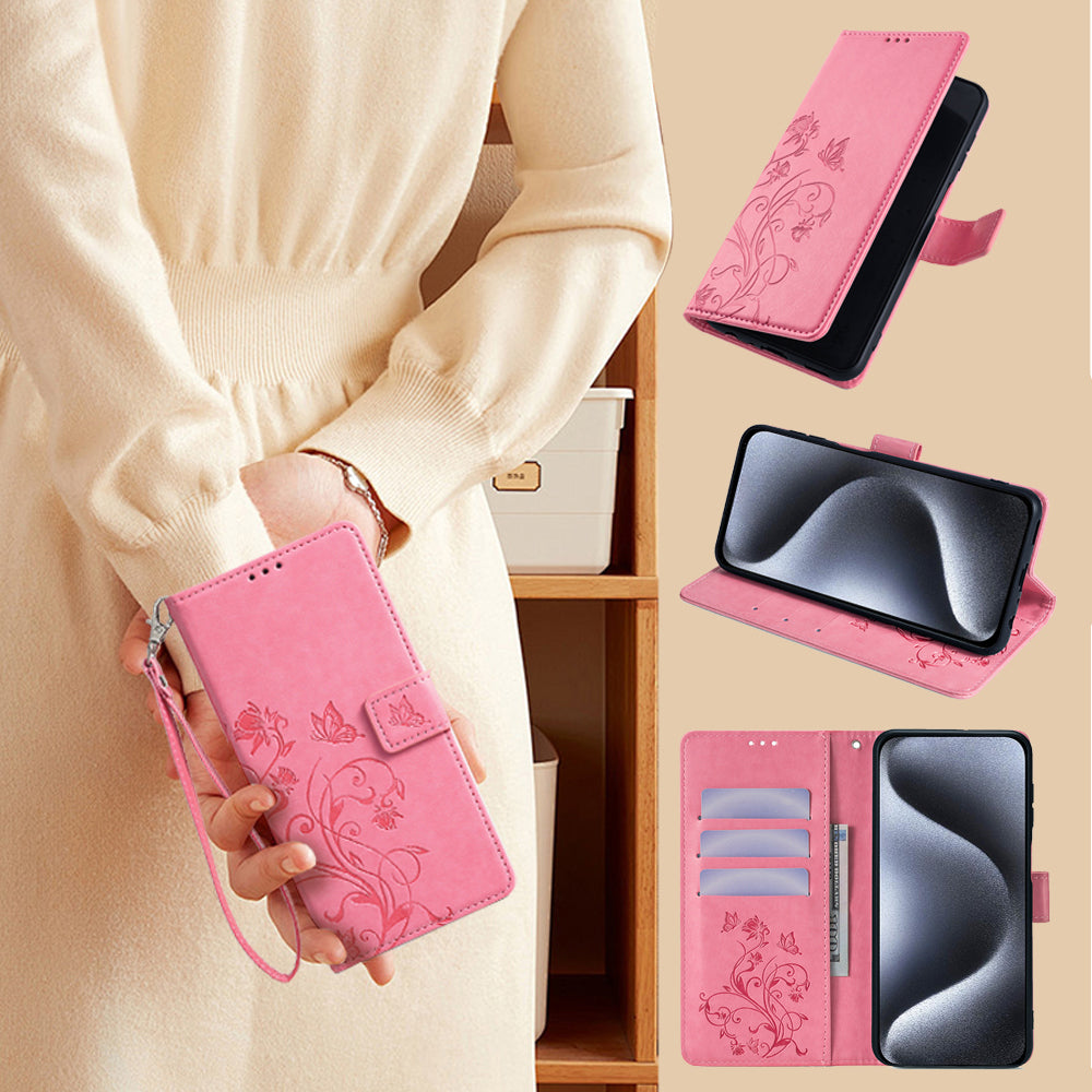For Samsung Galaxy M34 5G / F34 5G Case PU Leather Card Slots Holder Pocket Butterfly Flower Phone Cover - Pink