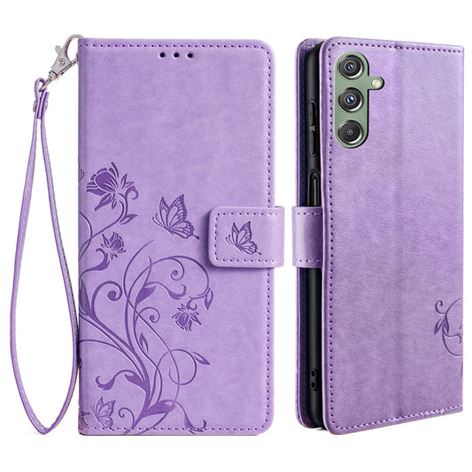 For Samsung Galaxy M34 5G / F34 5G Case PU Leather Card Slots Holder Pocket Butterfly Flower Phone Cover - Purple