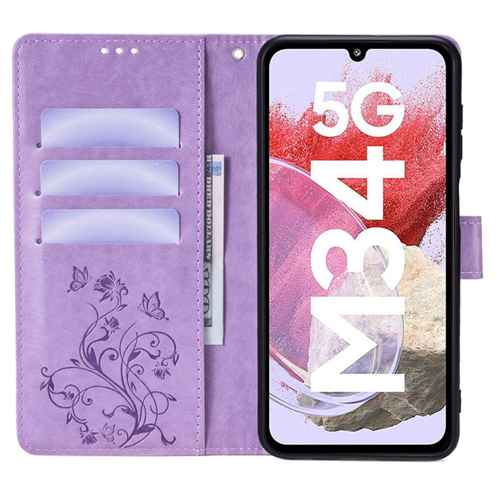 For Samsung Galaxy M34 5G / F34 5G Case PU Leather Card Slots Holder Pocket Butterfly Flower Phone Cover - Purple