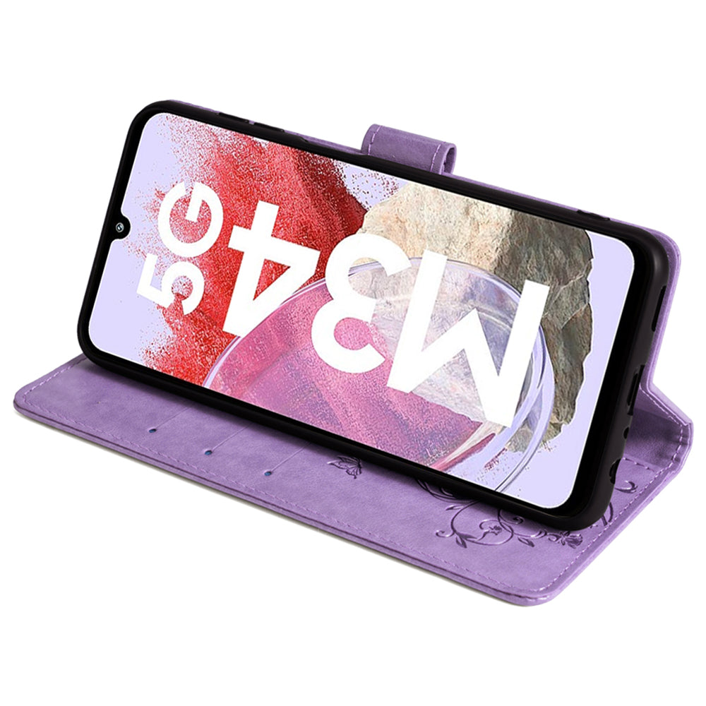 For Samsung Galaxy M34 5G / F34 5G Case PU Leather Card Slots Holder Pocket Butterfly Flower Phone Cover - Purple
