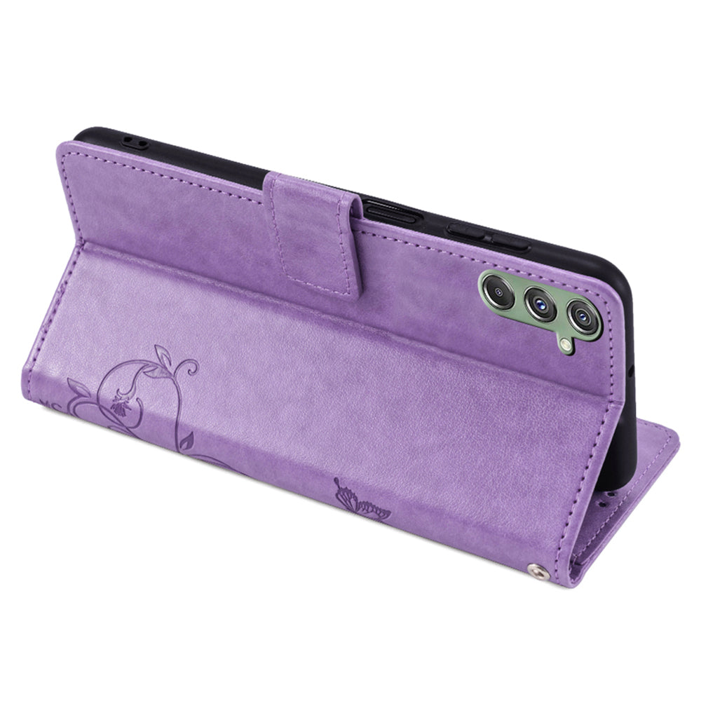 For Samsung Galaxy M34 5G / F34 5G Case PU Leather Card Slots Holder Pocket Butterfly Flower Phone Cover - Purple