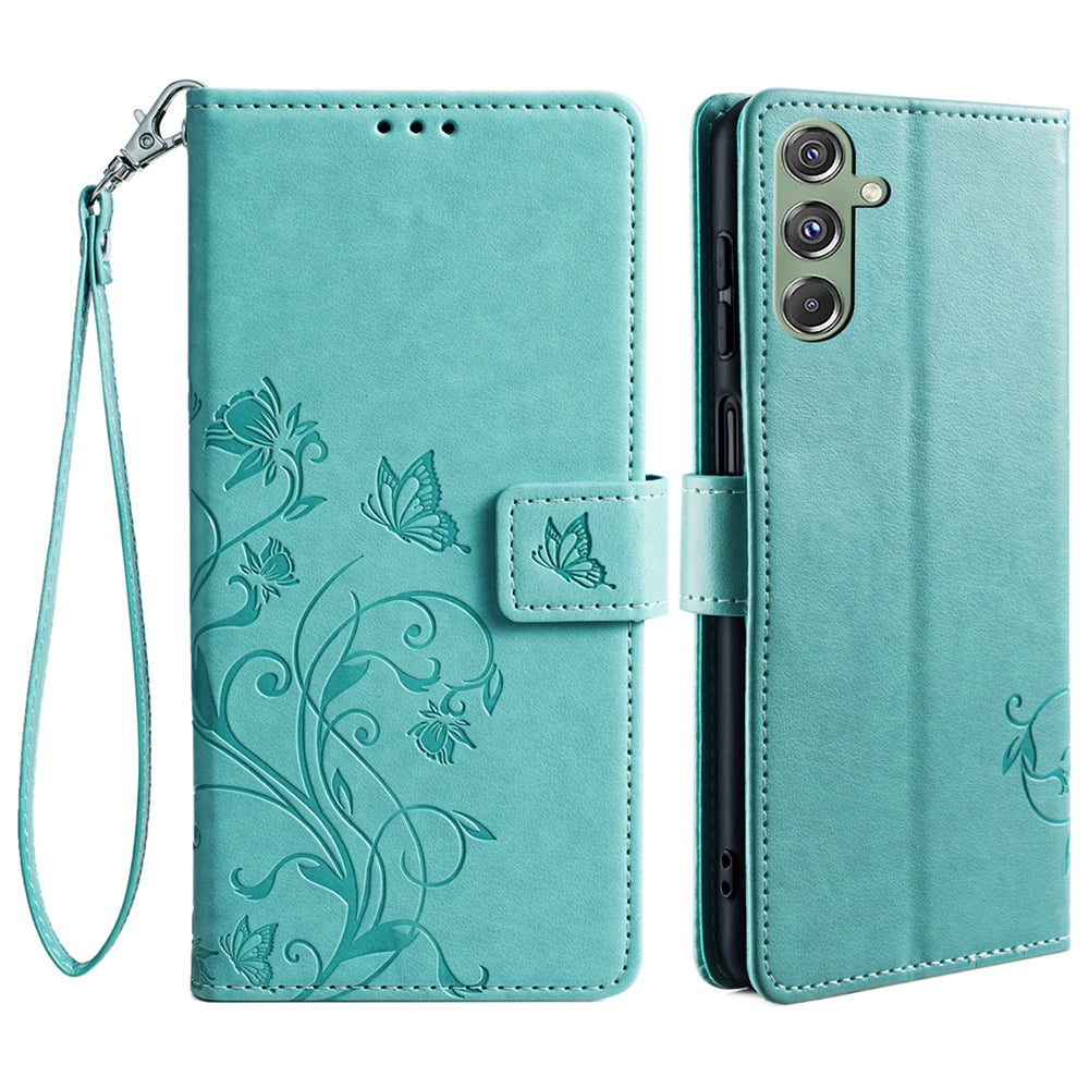 For Samsung Galaxy M34 5G / F34 5G Case PU Leather Card Slots Holder Pocket Butterfly Flower Phone Cover - Green