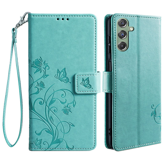 For Samsung Galaxy M34 5G / F34 5G Case PU Leather Card Slots Holder Pocket Butterfly Flower Phone Cover - Green