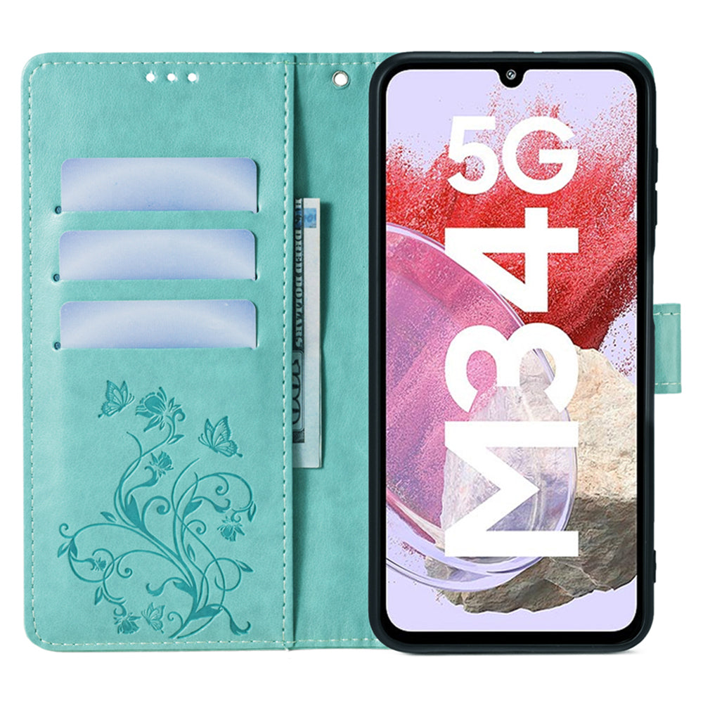For Samsung Galaxy M34 5G / F34 5G Case PU Leather Card Slots Holder Pocket Butterfly Flower Phone Cover - Green