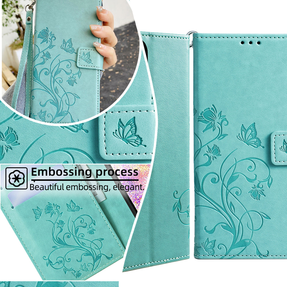 For Samsung Galaxy M34 5G / F34 5G Case PU Leather Card Slots Holder Pocket Butterfly Flower Phone Cover - Green