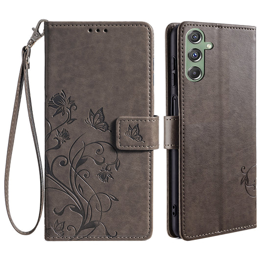 For Samsung Galaxy M34 5G / F34 5G Case PU Leather Card Slots Holder Pocket Butterfly Flower Phone Cover - Grey