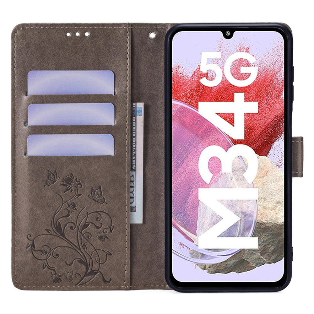 For Samsung Galaxy M34 5G / F34 5G Case PU Leather Card Slots Holder Pocket Butterfly Flower Phone Cover - Grey