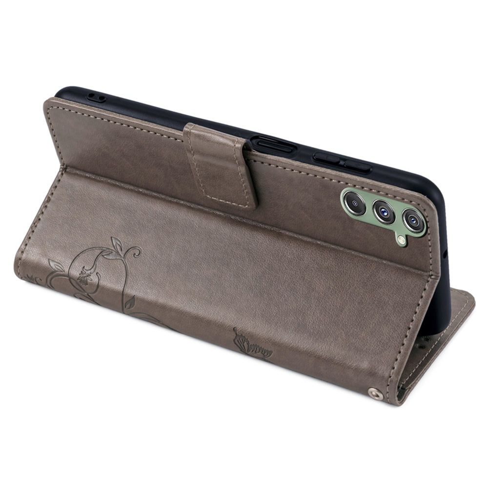 For Samsung Galaxy M34 5G / F34 5G Case PU Leather Card Slots Holder Pocket Butterfly Flower Phone Cover - Grey