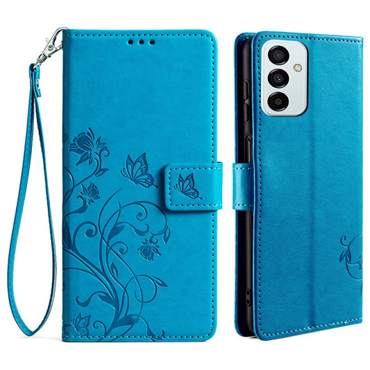 For Samsung Galaxy M23 5G / F23 5G Case Butterfly Flower PU Leather Stand Phone Cover - Blue