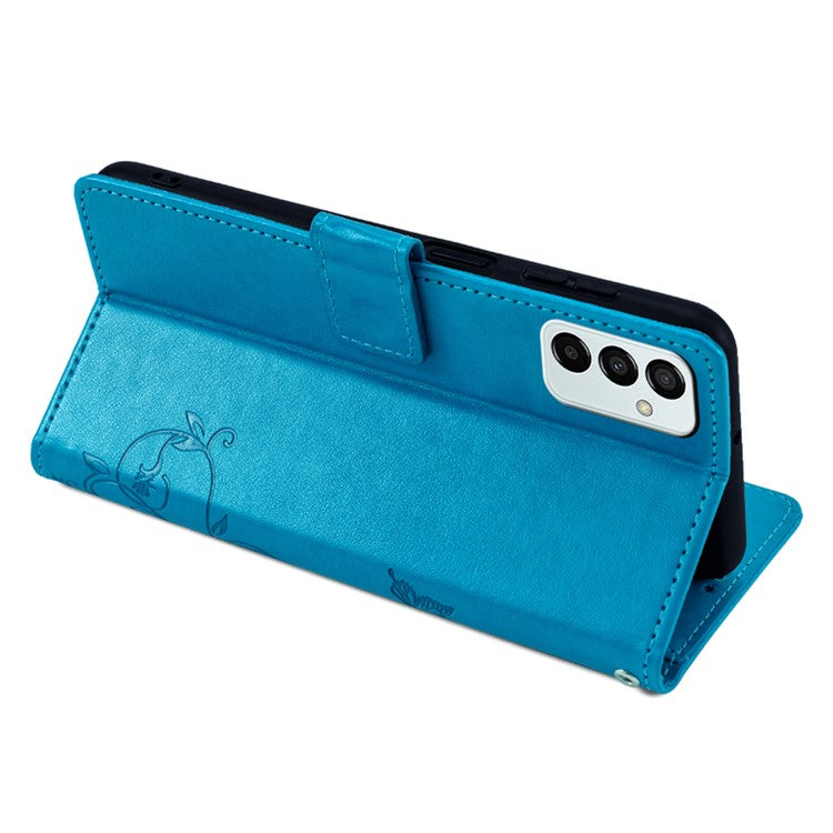 For Samsung Galaxy M23 5G / F23 5G Case Butterfly Flower PU Leather Stand Phone Cover - Blue