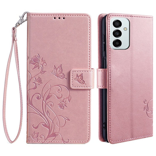 For Samsung Galaxy M23 5G / F23 5G Case Butterfly Flower PU Leather Stand Phone Cover - Rose Gold