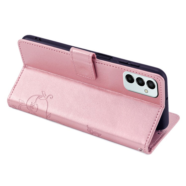 For Samsung Galaxy M23 5G / F23 5G Case Butterfly Flower PU Leather Stand Phone Cover - Rose Gold