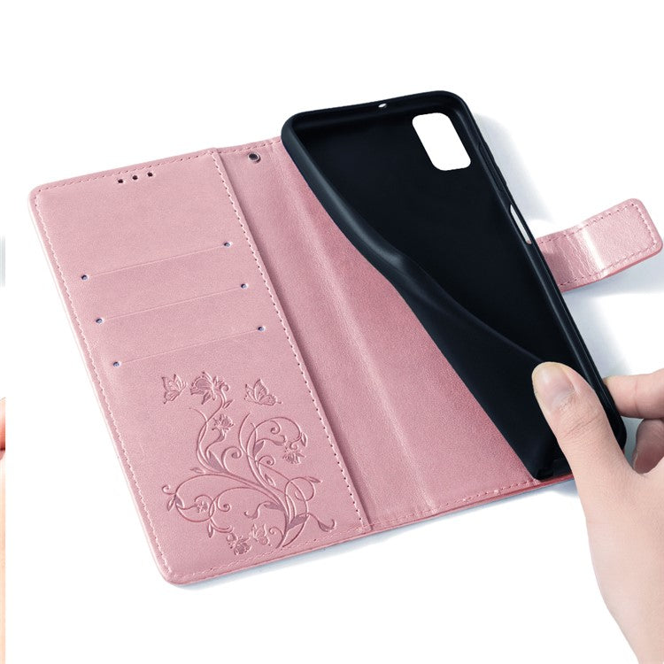 For Samsung Galaxy M23 5G / F23 5G Case Butterfly Flower PU Leather Stand Phone Cover - Rose Gold