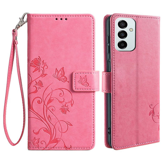 For Samsung Galaxy M23 5G / F23 5G Case Butterfly Flower PU Leather Stand Phone Cover - Pink