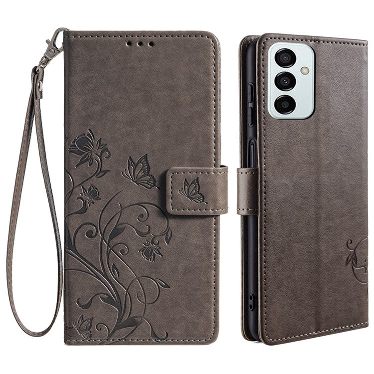 For Samsung Galaxy M23 5G / F23 5G Case Butterfly Flower PU Leather Stand Phone Cover - Grey