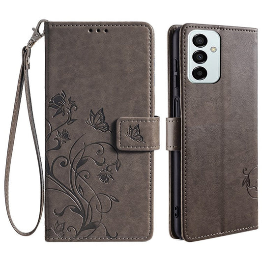 For Samsung Galaxy M23 5G / F23 5G Case Butterfly Flower PU Leather Stand Phone Cover - Grey