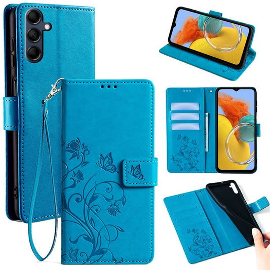 For Samsung Galaxy M14 5G Phone Case Butterfly Flower Imprinted Leather Flip Cover with Wrist Strap - Blue