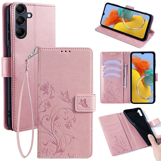 For Samsung Galaxy M14 5G Phone Case Butterfly Flower Imprinted Leather Flip Cover with Wrist Strap - Rose Gold