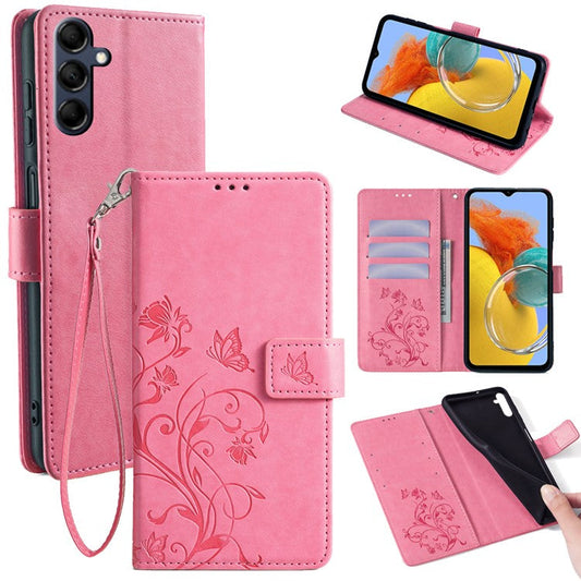 For Samsung Galaxy M14 5G Phone Case Butterfly Flower Imprinted Leather Flip Cover with Wrist Strap - Pink