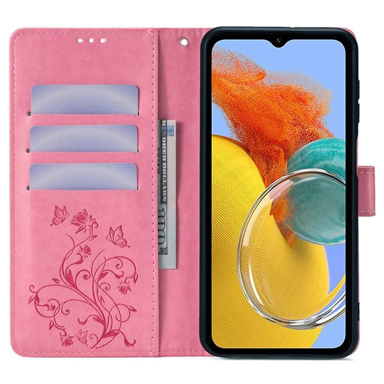 For Samsung Galaxy M14 5G Phone Case Butterfly Flower Imprinted Leather Flip Cover with Wrist Strap - Pink