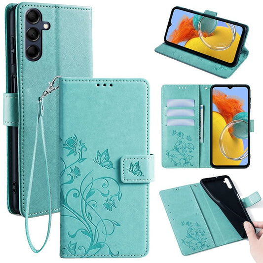 For Samsung Galaxy M14 5G Phone Case Butterfly Flower Imprinted Leather Flip Cover with Wrist Strap - Green