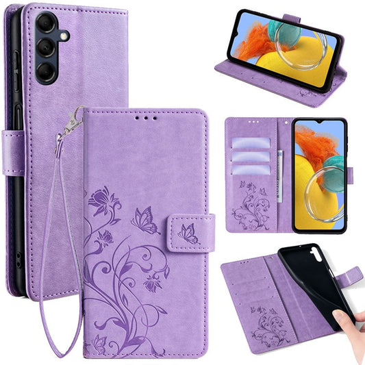 For Samsung Galaxy M14 5G Phone Case Butterfly Flower Imprinted Leather Flip Cover with Wrist Strap - Purple
