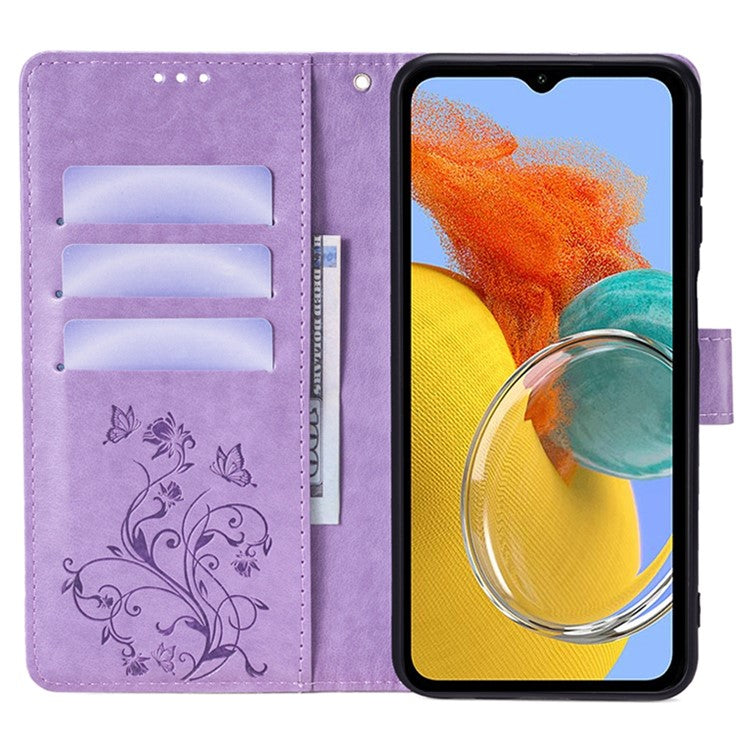 For Samsung Galaxy M14 5G Phone Case Butterfly Flower Imprinted Leather Flip Cover with Wrist Strap - Purple