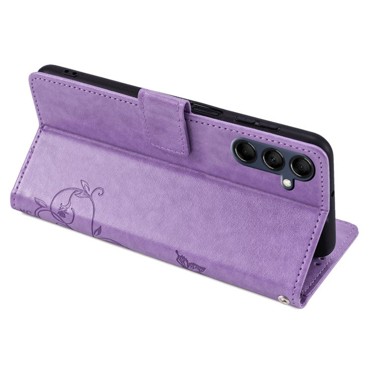For Samsung Galaxy M14 5G Phone Case Butterfly Flower Imprinted Leather Flip Cover with Wrist Strap - Purple
