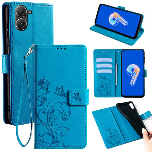 For Asus Zenfone 9 5G / Zenfone 9z Case Butterfly Flower Imprinted PU Leather Wallet Protective Phone Cover - Blue
