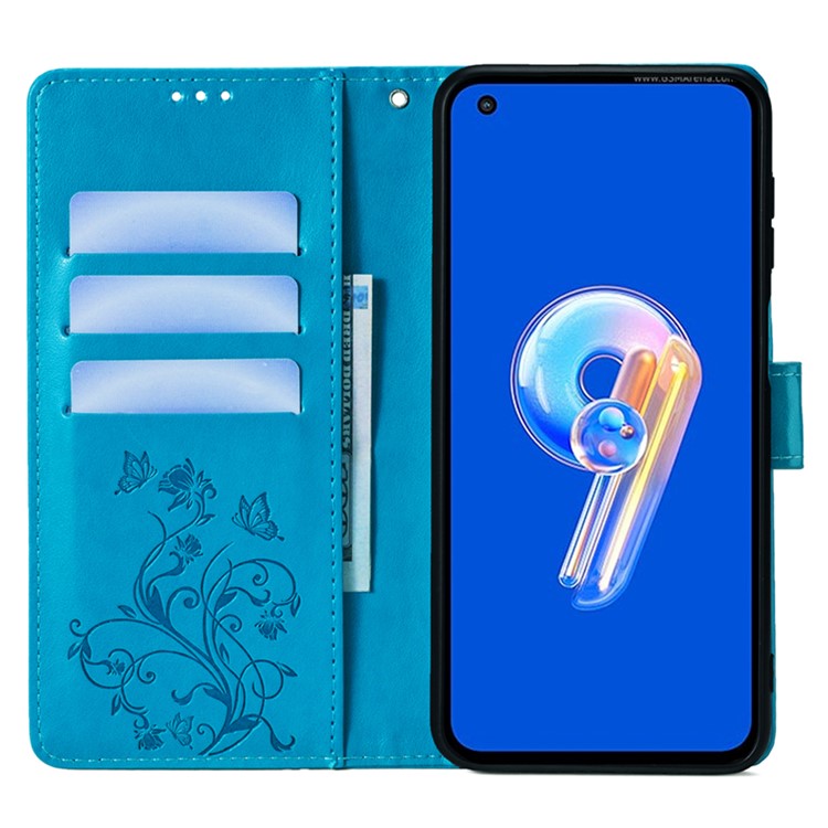 For Asus Zenfone 9 5G / Zenfone 9z Case Butterfly Flower Imprinted PU Leather Wallet Protective Phone Cover - Blue