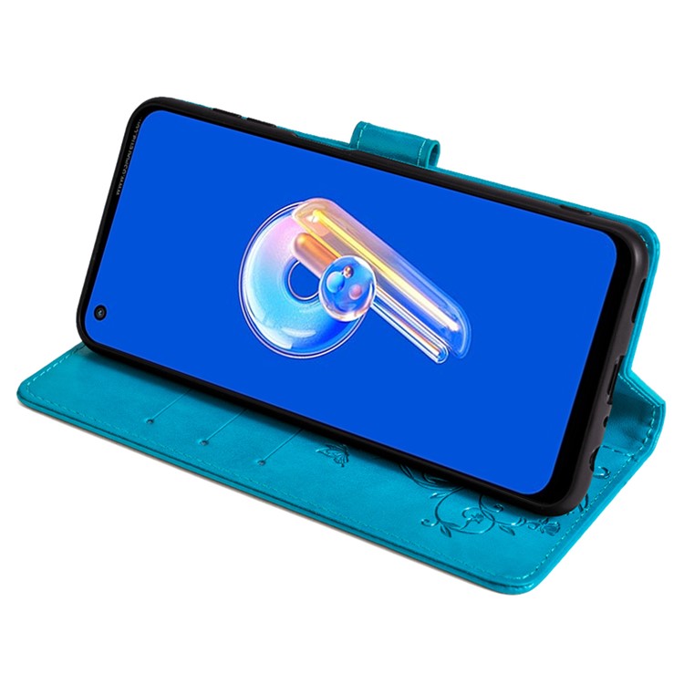 For Asus Zenfone 9 5G / Zenfone 9z Case Butterfly Flower Imprinted PU Leather Wallet Protective Phone Cover - Blue