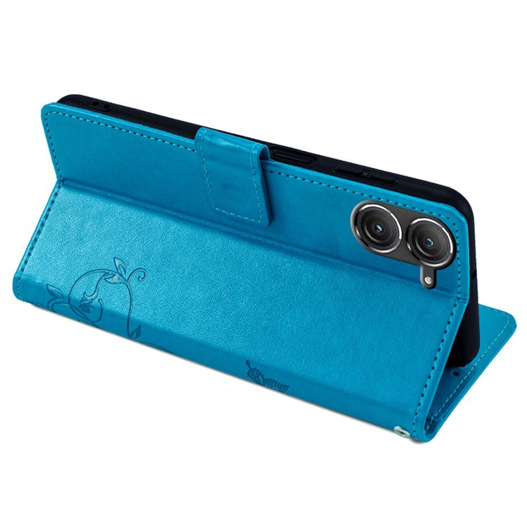 For Asus Zenfone 9 5G / Zenfone 9z Case Butterfly Flower Imprinted PU Leather Wallet Protective Phone Cover - Blue