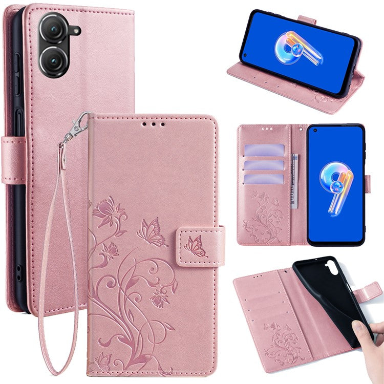 For Asus Zenfone 9 5G / Zenfone 9z Case Butterfly Flower Imprinted PU Leather Wallet Protective Phone Cover - Rose Gold