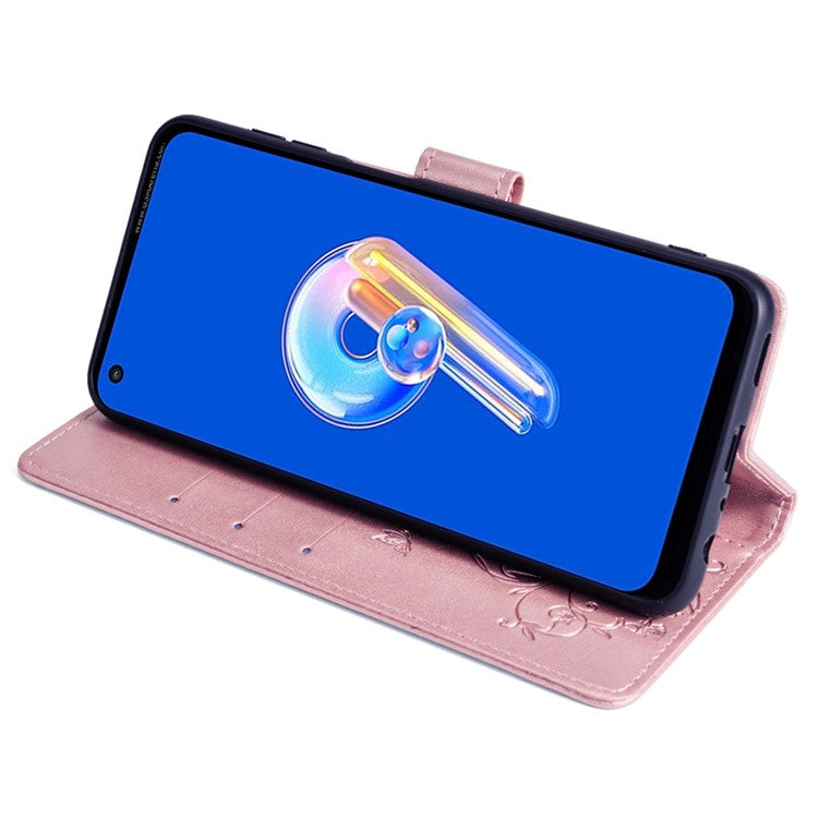 For Asus Zenfone 9 5G / Zenfone 9z Case Butterfly Flower Imprinted PU Leather Wallet Protective Phone Cover - Rose Gold