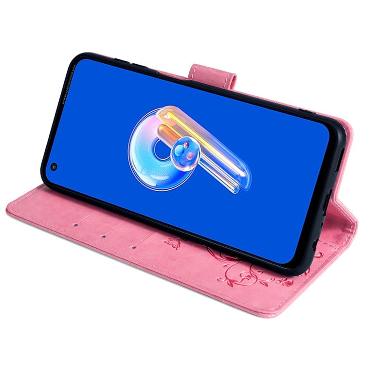 For Asus Zenfone 9 5G / Zenfone 9z Case Butterfly Flower Imprinted PU Leather Wallet Protective Phone Cover - Pink
