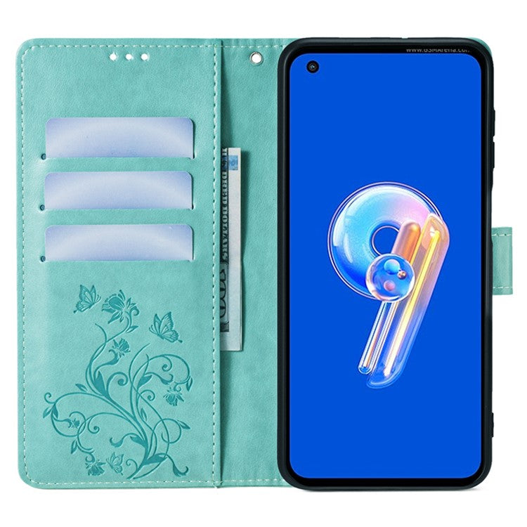For Asus Zenfone 9 5G / Zenfone 9z Case Butterfly Flower Imprinted PU Leather Wallet Protective Phone Cover - Green