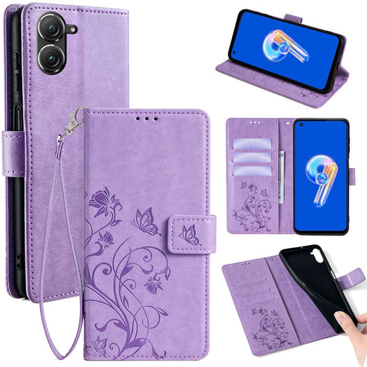 For Asus Zenfone 9 5G / Zenfone 9z Case Butterfly Flower Imprinted PU Leather Wallet Protective Phone Cover - Purple