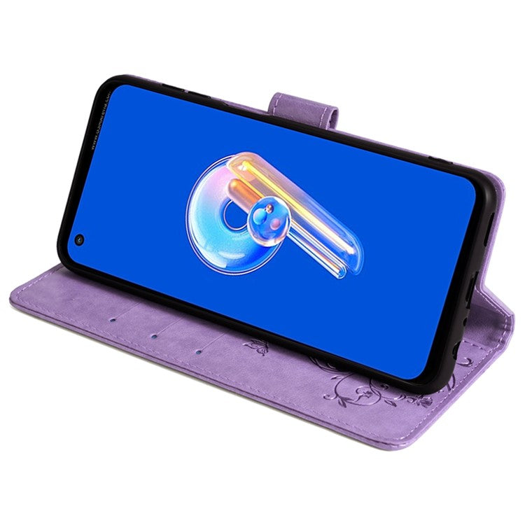 For Asus Zenfone 9 5G / Zenfone 9z Case Butterfly Flower Imprinted PU Leather Wallet Protective Phone Cover - Purple