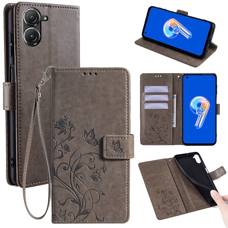 For Asus Zenfone 9 5G / Zenfone 9z Case Butterfly Flower Imprinted PU Leather Wallet Protective Phone Cover - Grey
