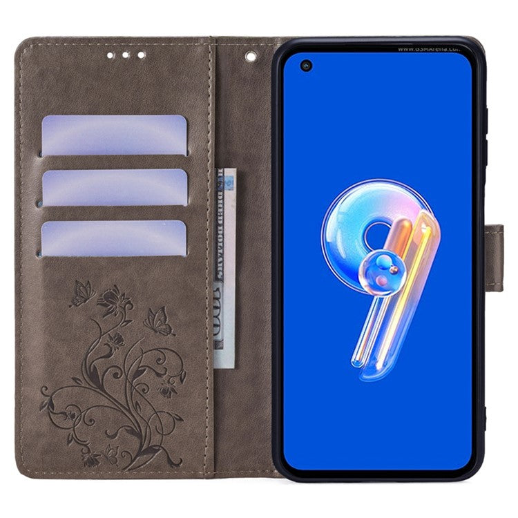 For Asus Zenfone 9 5G / Zenfone 9z Case Butterfly Flower Imprinted PU Leather Wallet Protective Phone Cover - Grey