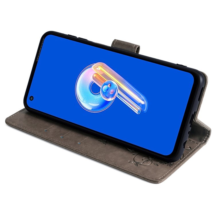 For Asus Zenfone 9 5G / Zenfone 9z Case Butterfly Flower Imprinted PU Leather Wallet Protective Phone Cover - Grey