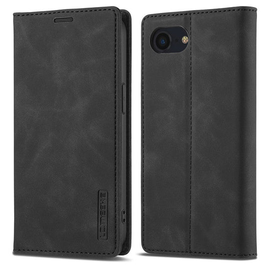 LC.IMEEKE For iPhone 16e Case Scratch-Proof Microfiber Leather Magnetic Closing Phone Cover - Black